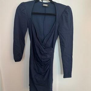 Reformation Blue Ruched Wrap Dress with Puff Sleeves